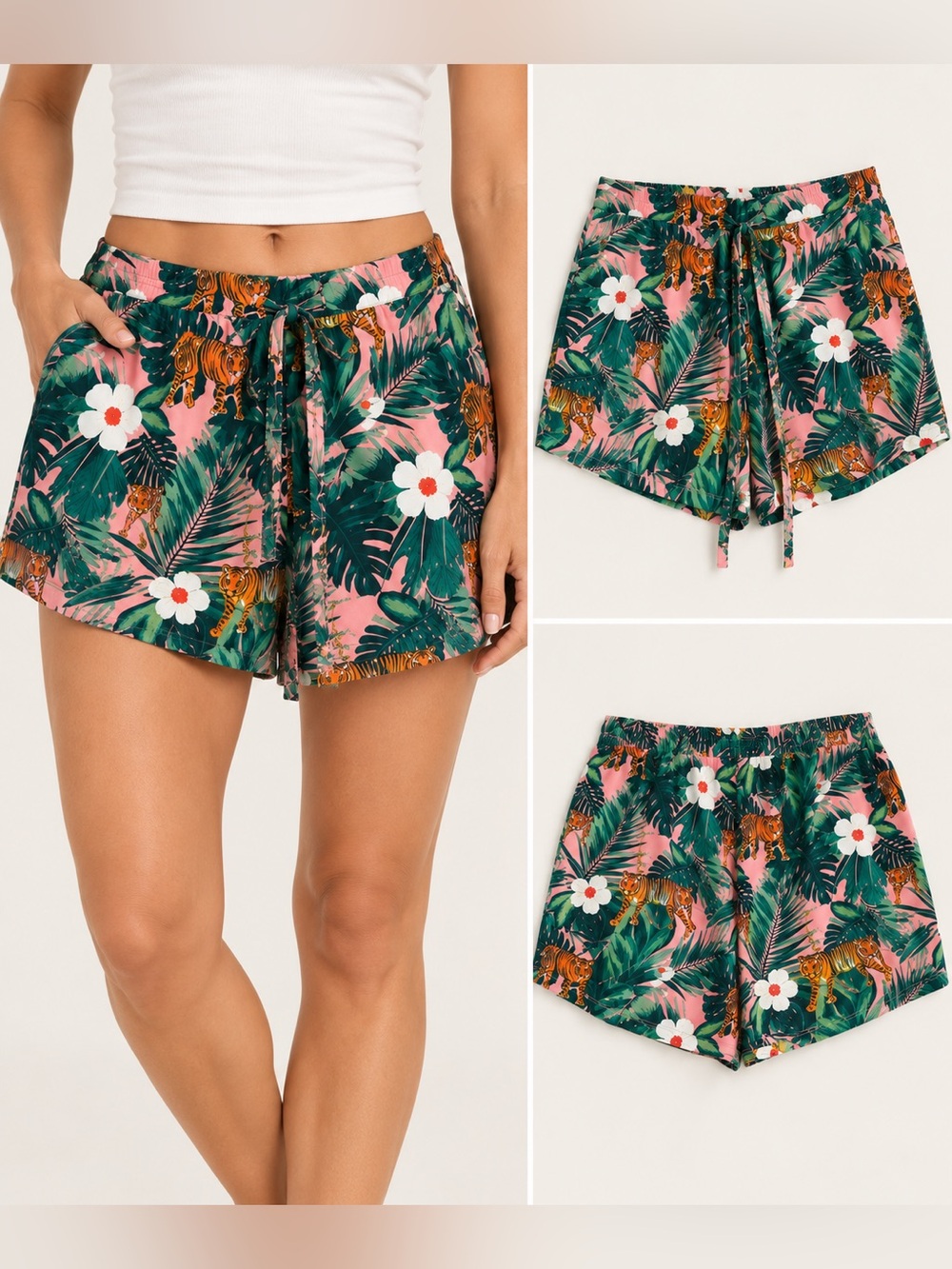 Cynthia Rowley Sleepwear Tropical Tiger Palm Print Pajama Shorts Pink Green L